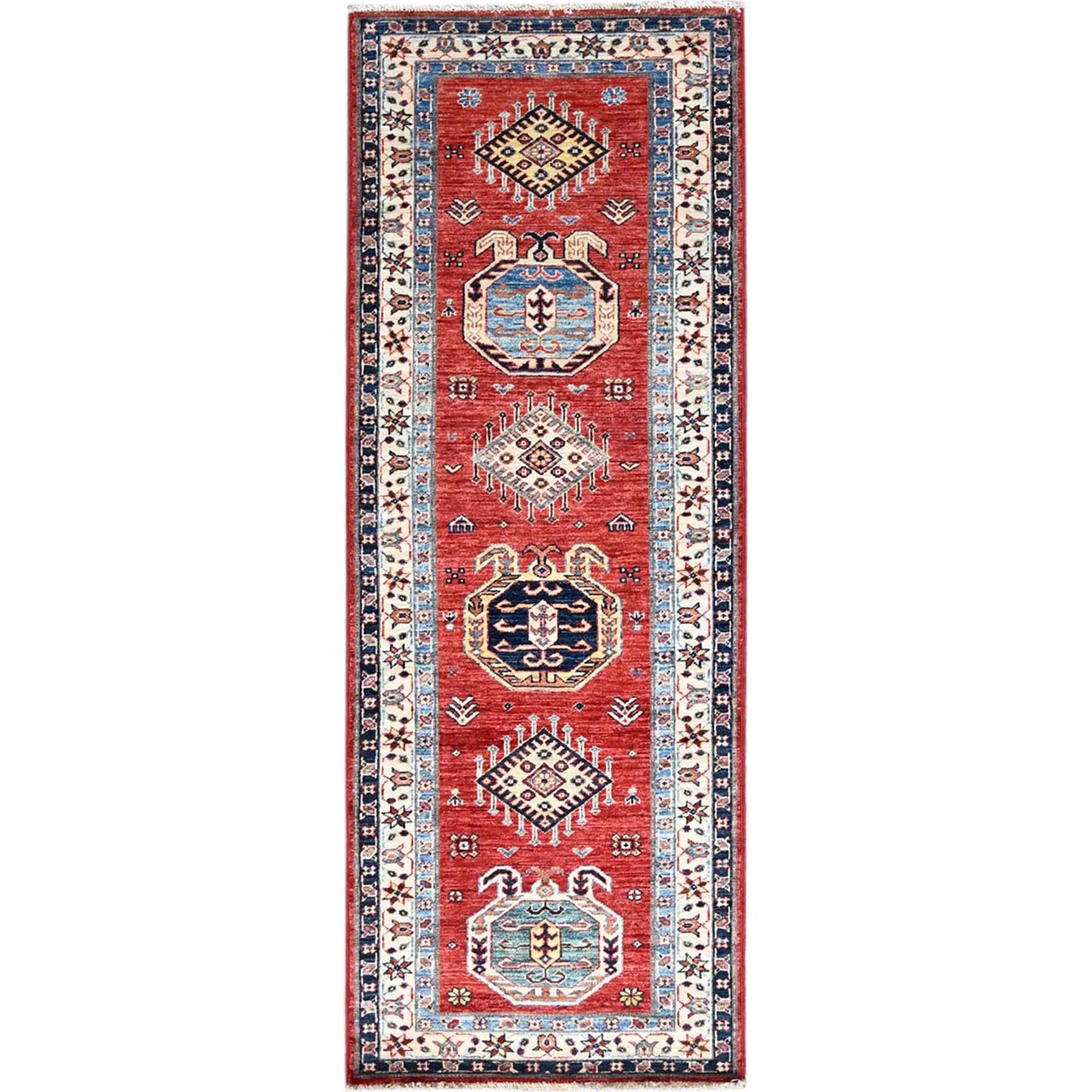 Currant Red, Dover White Border, Vegetable Dyes Afghan Super Kazak with Geometric Design Densely Woven, Pure Wool Hand Knotted Runner Oriental Rug
